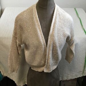 M&S TAN SEQUIN CARDIGAN SWEATER WITH 3/4 SLEEVE. SIZE 8 GIRLS